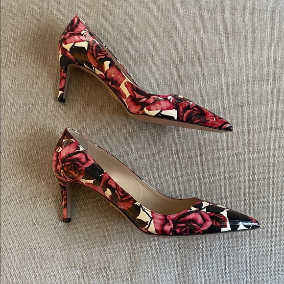 Prada Pink Floral Print Patent Leather Pointed-Toe Pumps Heels Size 37.5 /7.5 US - Picture 2 of 15
